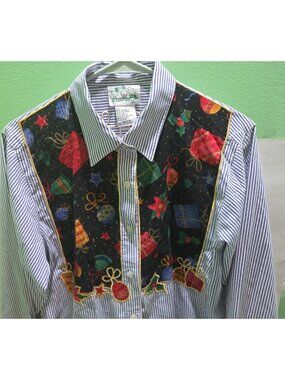 Quacker Factory Women’s M Christmas Button Up Long Sleeve Striped Blouse Gifts